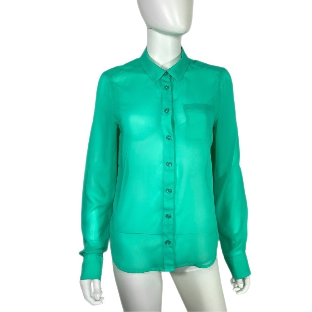 American Eagle Sheer Jade Green Pocket Front Long Sleeve Button Down